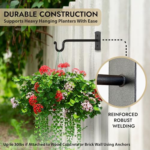 RTZEN Plant Hangers Outdoor or Indoor - Wrought Iron Metal Hanger Indoor Hook - Heavy Duty Wall Bracket Hooks for Hanging Plants Baskets Lanterns Wind Chimes - 2 Pack (Black Shepherds Hooks) - Image 5