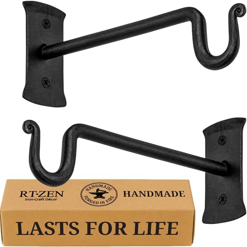 RTZEN Plant Hangers Outdoor or Indoor - Wrought Iron Metal Hanger Indoor Hook - Heavy Duty Wall Bracket Hooks for Hanging Plants Baskets Lanterns Wind Chimes - 2 Pack (Black Shepherds Hooks) - Image 1