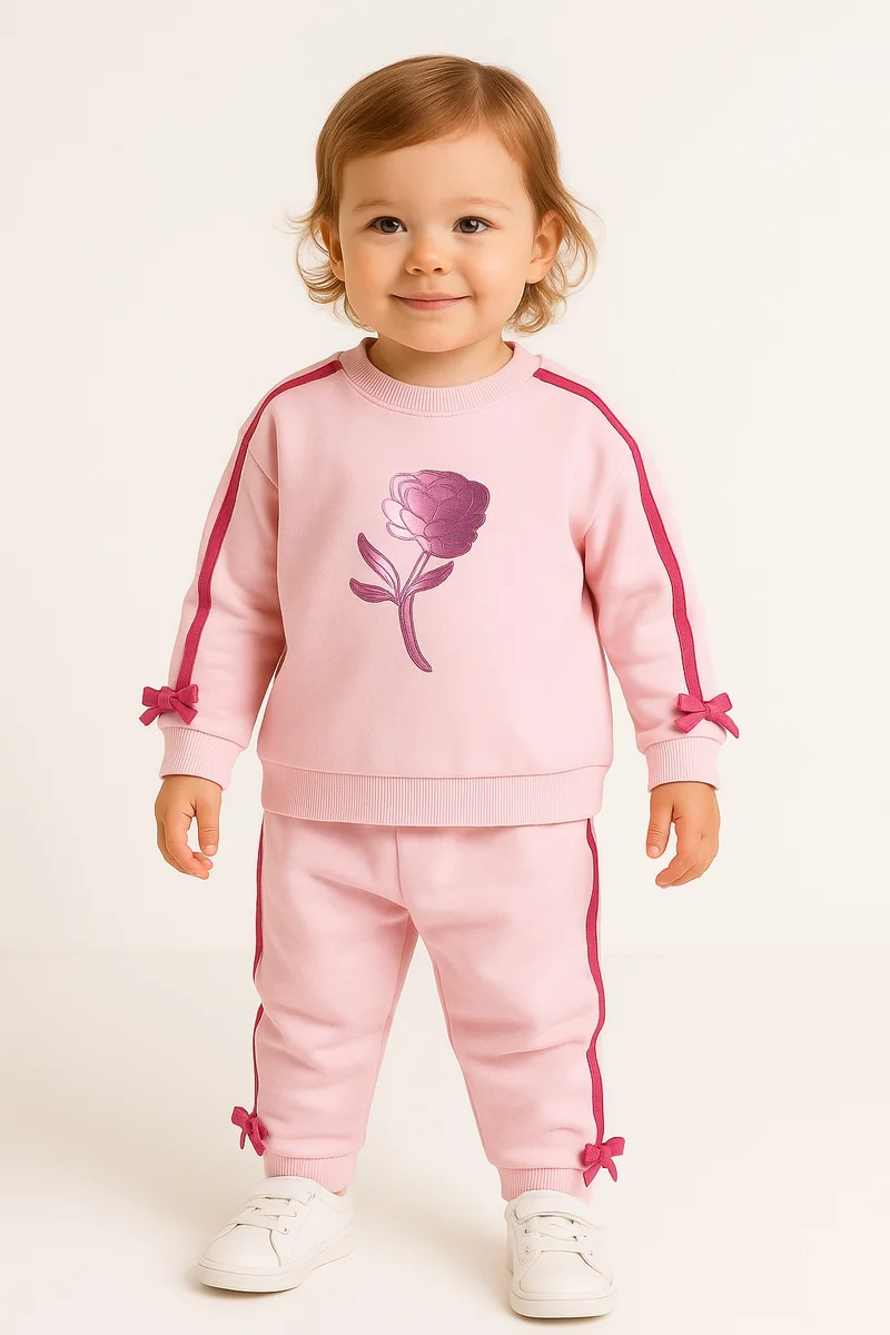 victor and jane Baby Girl Rose Appliqué Fleece Tracksuit – Pink 2-Piece Set