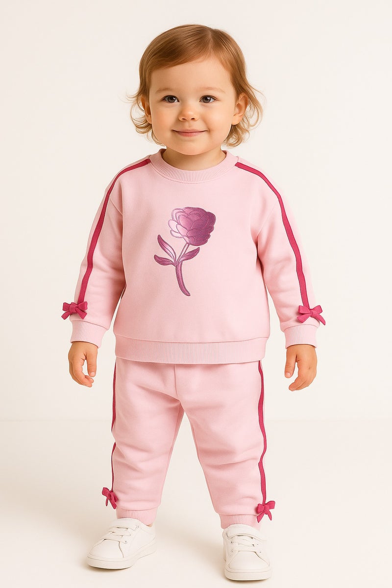 victor and jane Baby Girl Rose Appliqué Fleece Tracksuit – Pink 2-Piece Set - Image 1