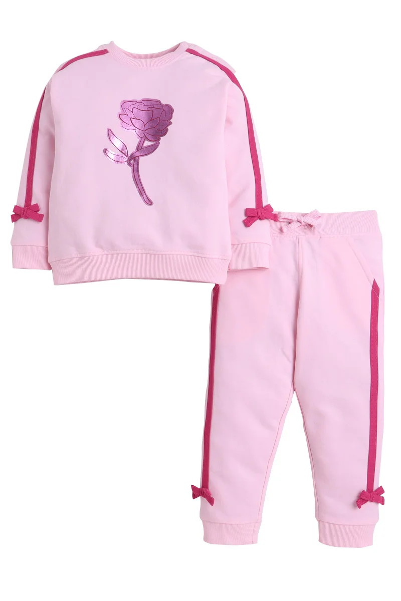 victor and jane Baby Girl Rose Appliqué Fleece Tracksuit – Pink 2-Piece Set