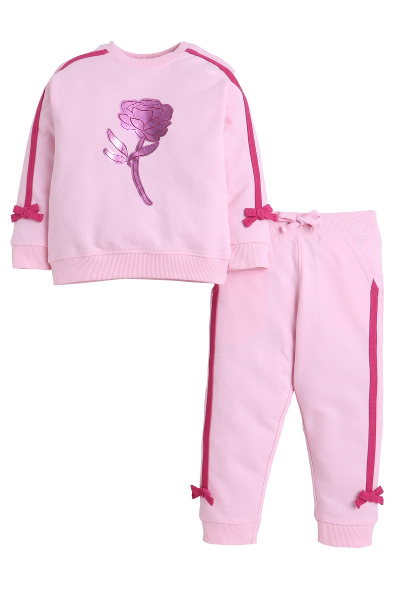 victor and jane Baby Girl Rose Appliqué Fleece Tracksuit – Pink 2-Piece Set - Image 2