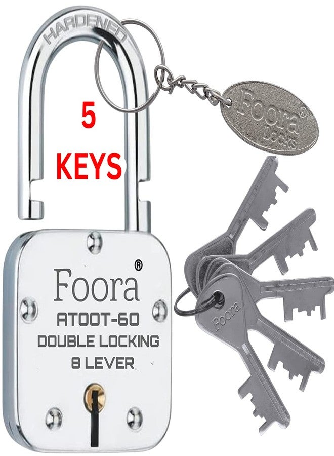 Foora Lock and Keys 60mm Hardened Shackle Padlock | Double Locking 8 Lever | Home and Shop Shutter Security | Silver Polished Finish - Image 1