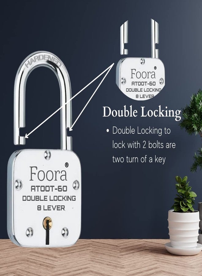 Foora Lock and Keys 60mm Hardened Shackle Padlock | Double Locking 8 Lever | Home and Shop Shutter Security | Silver Polished Finish - Image 3