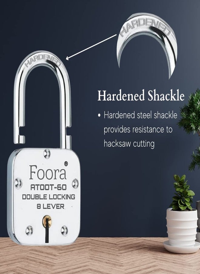 Foora Lock and Keys 60mm Hardened Shackle Padlock | Double Locking 8 Lever | Home and Shop Shutter Security | Silver Polished Finish - Image 2