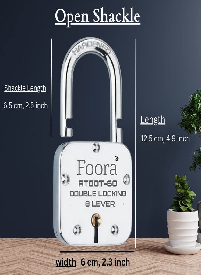 Foora Lock and Keys 60mm Hardened Shackle Padlock | Double Locking 8 Lever | Home and Shop Shutter Security | Silver Polished Finish - Image 5