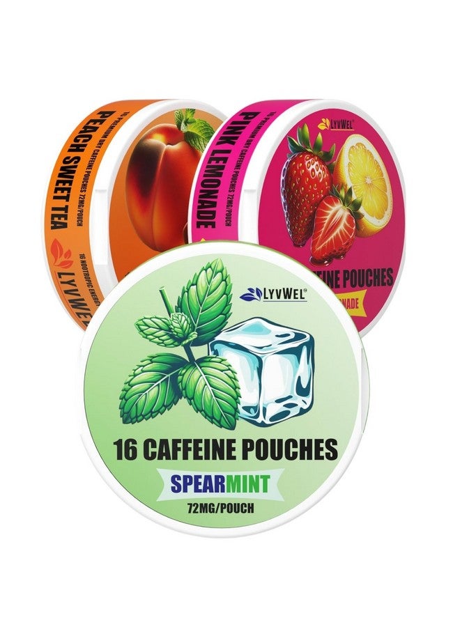 LyvWel 72mg Caffeine Energy Pouches | Nootropic Focus & Neuro Support | Tobacco-Free, Nicotine-Free, Energy Boost | 3-Pack 16 Pouches Per Can (Spearmint, Peach Sweet Tea, Pink Lemonade)