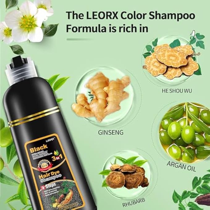 Leorx BLACK HAIR DYE SHAMPOO, 3 IN 1 BLACK COLOR SHAMPOO HAIR DYE FOR GRAY HAIR INSTANT HERBAL COLORING SHAMPOO FOR WOMEN & MEN - AMMONIA FREE - TINTES PARA EL CABELLO - Image 3
