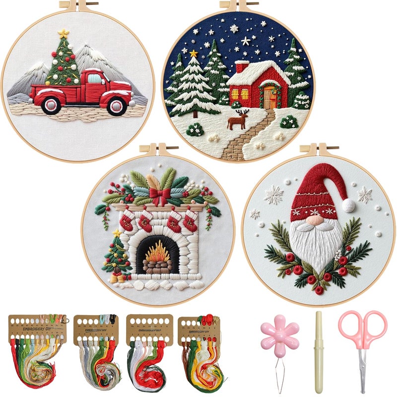 BBLYBD Christmas Embroidery Kit, 4 Set Embroidery DIY Starter Kit, Cross Stitch Kits with Pre-Printed Embroidery Fabric, Hoops, Step-by-Step Instructions, Color Threads & Needles (Christmas-4 Set) - Image 1