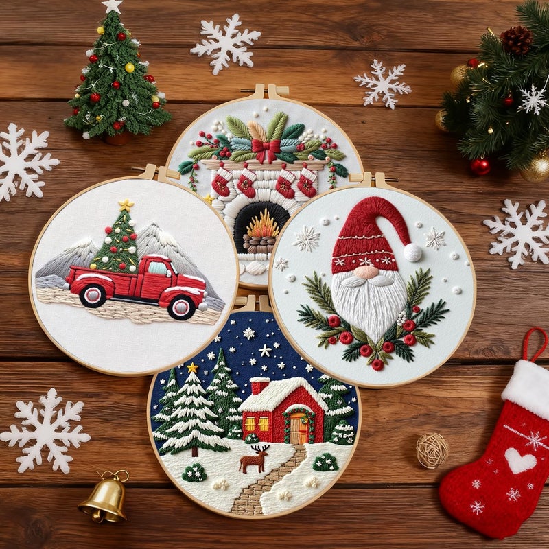 BBLYBD Christmas Embroidery Kit, 4 Set Embroidery DIY Starter Kit, Cross Stitch Kits with Pre-Printed Embroidery Fabric, Hoops, Step-by-Step Instructions, Color Threads & Needles (Christmas-4 Set) - Image 2