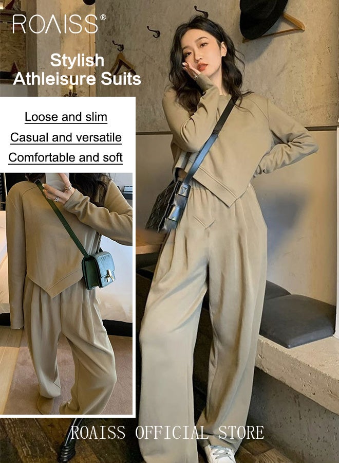 roaiss Women 2 Piece Casual Sportswear Set Round Neck Long Sleeve Top with Irregular Hem & Loose Fit Wide Leg Straight Pants Classic and Timeless Solid Color Design Loose Fit to Enhance the Figure  - Image 1