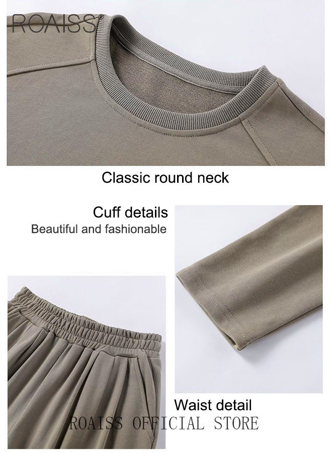 roaiss Women 2 Piece Casual Sportswear Set Round Neck Long Sleeve Top with Irregular Hem & Loose Fit Wide Leg Straight Pants Classic and Timeless Solid Color Design Loose Fit to Enhance the Figure  - Image 3