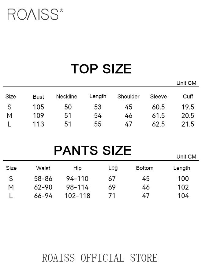 roaiss Women 2 Piece Casual Sportswear Set Round Neck Long Sleeve Top with Irregular Hem & Loose Fit Wide Leg Straight Pants Classic and Timeless Solid Color Design Loose Fit to Enhance the Figure  - Image 2