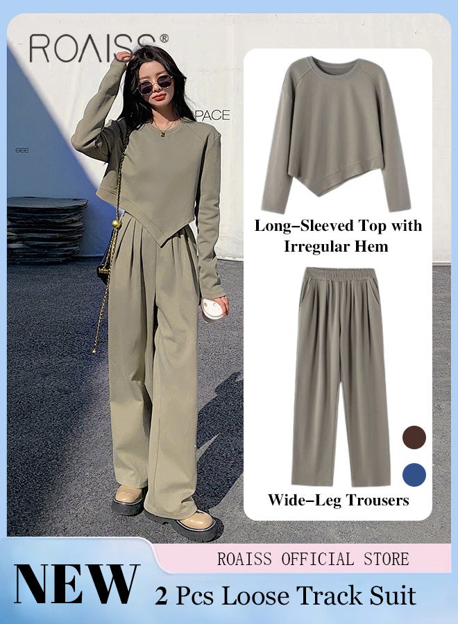 roaiss Women 2 Piece Casual Sportswear Set Round Neck Long Sleeve Top with Irregular Hem & Loose Fit Wide Leg Straight Pants Classic and Timeless Solid Color Design Loose Fit to Enhance the Figure  - Image 4