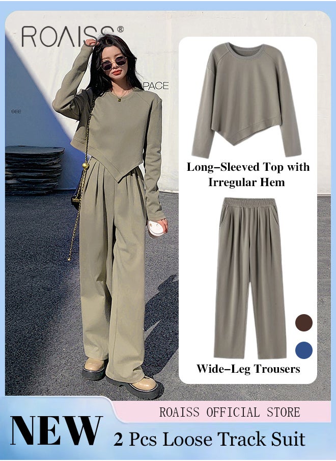 Women 2 Piece Casual Sportswear Set Round Neck Long Sleeve Top with Irregular Hem & Loose Fit Wide Leg Straight Pants Classic and Timeless Solid Color Design Loose Fit to Enhance the Figure - pzsku/Z802755B7896E0206A612Z/45/_/1721728566/c52d1de7-d328-4656-a9e4-70bfd2e27cfc