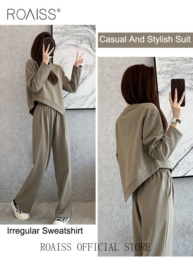 Women 2 Piece Casual Sportswear Set Round Neck Long Sleeve Top with Irregular Hem & Loose Fit Wide Leg Straight Pants Classic and Timeless Solid Color Design Loose Fit to Enhance the Figure - pzsku/Z802755B7896E0206A612Z/45/_/1721728567/7e741237-a1c5-4ae9-80bc-b1fa18a6bfc6