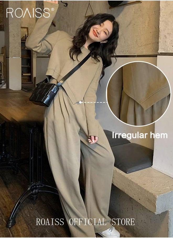 Women 2 Piece Casual Sportswear Set Round Neck Long Sleeve Top with Irregular Hem & Loose Fit Wide Leg Straight Pants Classic and Timeless Solid Color Design Loose Fit to Enhance the Figure - pzsku/Z802755B7896E0206A612Z/45/_/1721728945/e8a3421e-feaf-46c1-8ef7-d8ce0d75e209