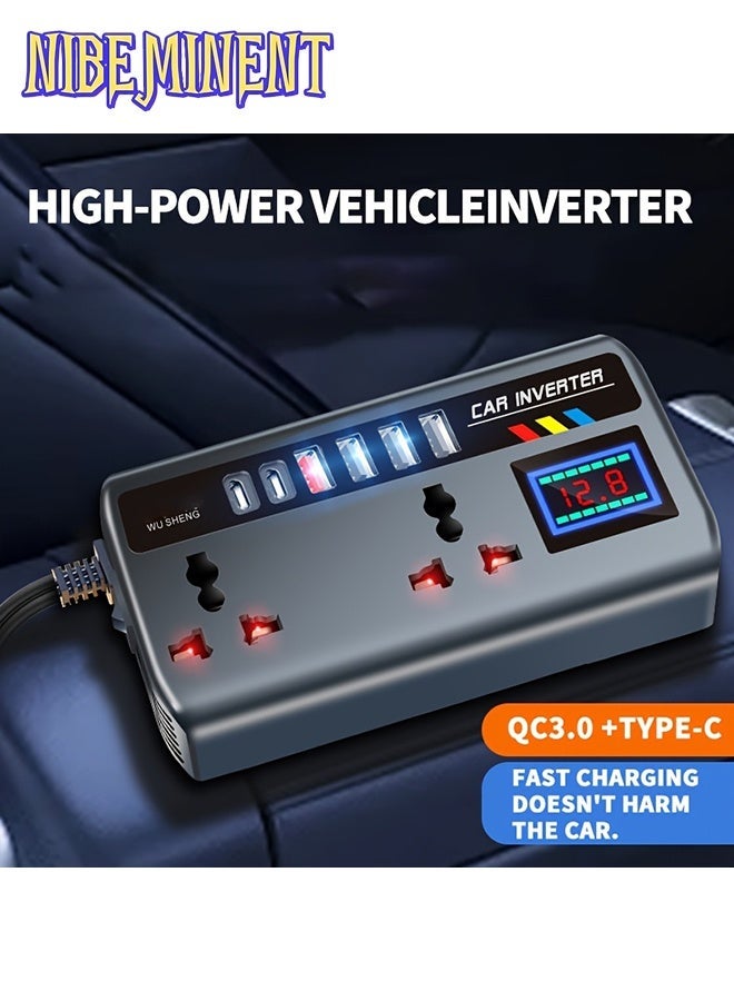 NIBEMINENT Universal 12V/24V Car Power Inverter with 4 USB Ports, 2 Type-C Port, QC3.0 Fast Charging, Digital Voltage Display, Intelligent Fast Charging, High-Power Transformer - Car Plug for Cars, Trucks, SUVs - Image 1