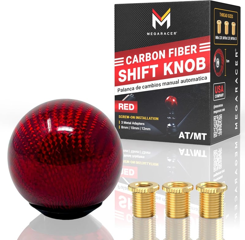 Mega Racer Red Carbon Fiber Shift Knob - Round Ball Gear Shifter for Automatic and Manual Transmission Vehicles - Image 1