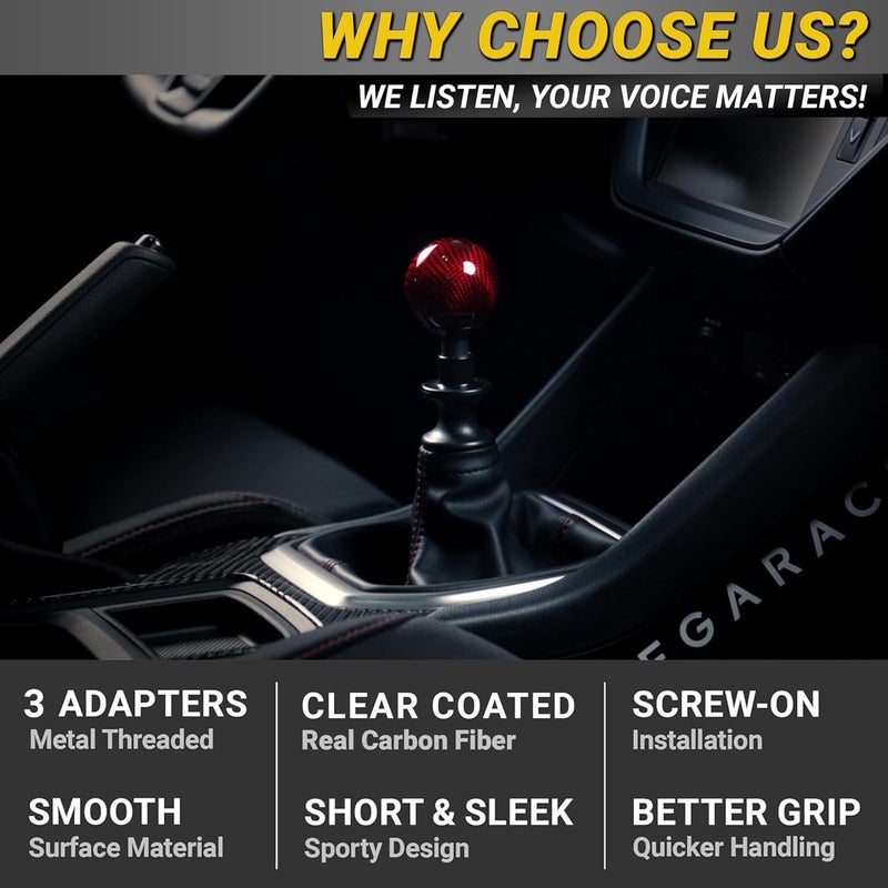 Mega Racer Red Carbon Fiber Shift Knob - Round Ball Gear Shifter for Automatic and Manual Transmission Vehicles - Image 5
