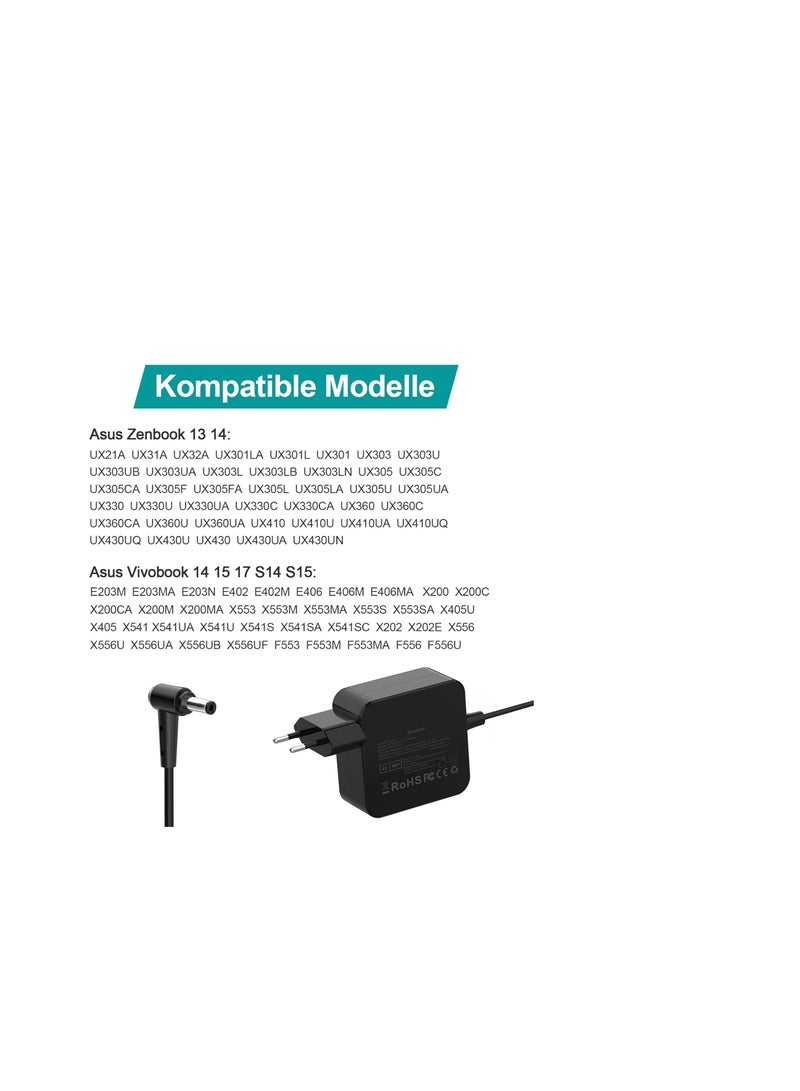 Terabyte كابل شحن لابتوب ASUS بقوة 45 واط 19 فولت 2.37 أمبير متوافق مع Vivobook 14/15/17، Zenbook 13 UX305C X553MA X540MA UX330UA E402SA C200MA (4.0x1.35mm) | مزود طاقة لـ S14 S15 S17 R5 40L 40L X41U - Image 2