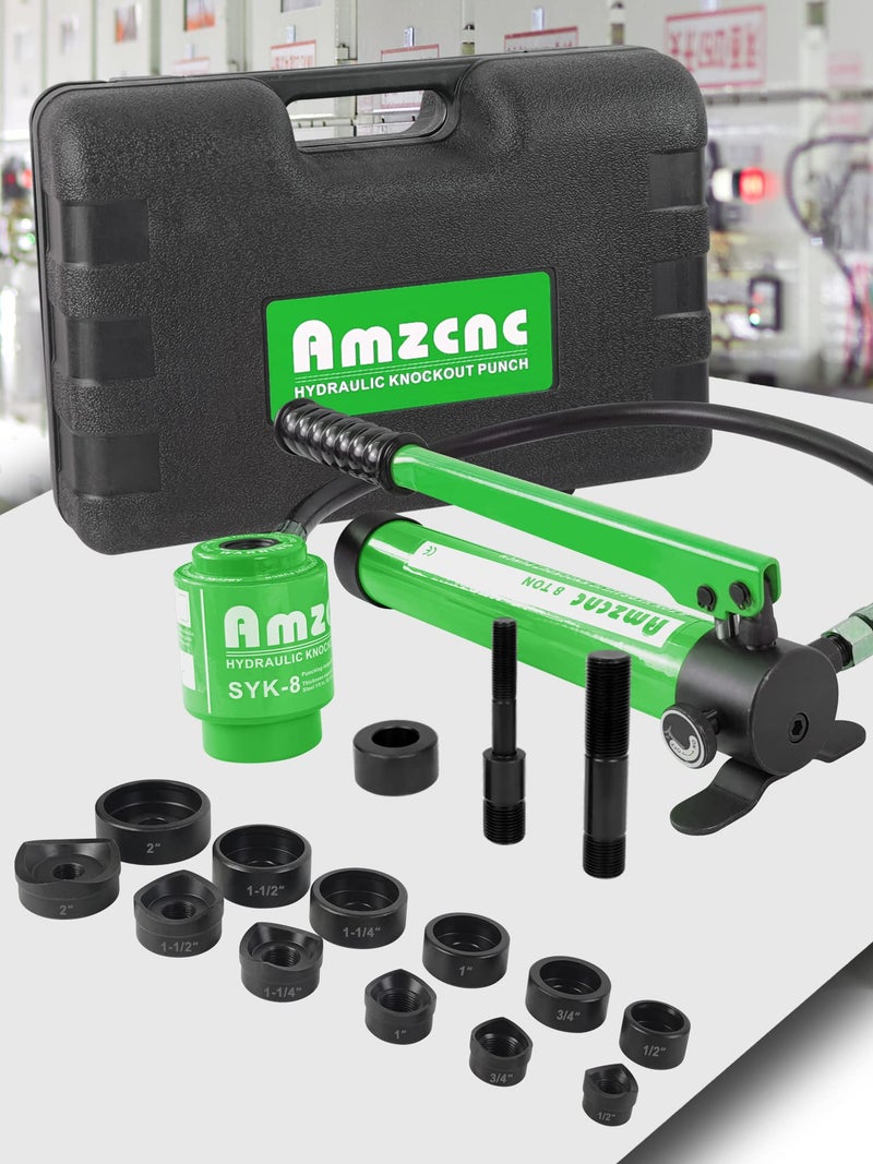 AMZCNC 8T Hydraulic Knockout Punch Tool Kit with 6 Dies 12 to 2 Precise Metal Conduit Hole Cutter Set