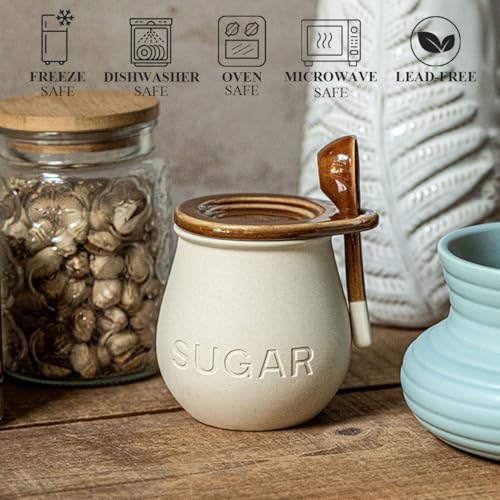 Cevostirva Ceramic Sugar Bowl with Lid and Spoon, 16 Oz Sugar Container for Coffee Bar Decor, Farmhouse Sugar Jar Sugar Dispenser, Vintage Kitchen Decor and Accessories (1 Pack) - Image 3