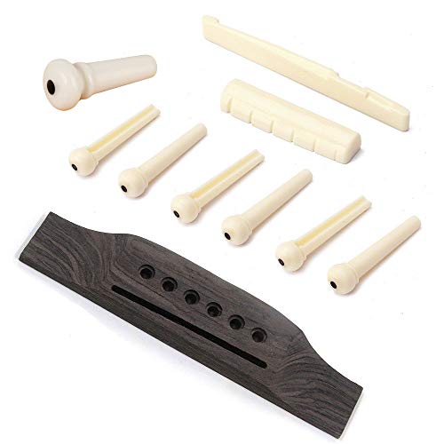Jiayouy 6 String Acoustic Guitar Rosewood Bridge Saddle Nut Pins Set Including Bridge & Six Bridge Pins & End Pin & Saddle and Nut Replacement Parts - Style B, Beige - Image 1