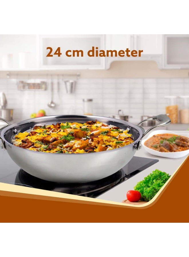 أغارو مقلاة أجارو رويال هوني كومب كاداي، سعة 2.25 لتر، قطر 24 سم، متوافقة مع الغاز والحث، مصنوعة من الفولاذ ثلاثي الطبقات بتصميم خلية النحل، بمقبض مثبت بمسامير، آمنة للطعام وخالية من حمض البيرفلوروكتانويك (PFOA)، للطبخ والقلي والتقديم، لون فضي - Image 3