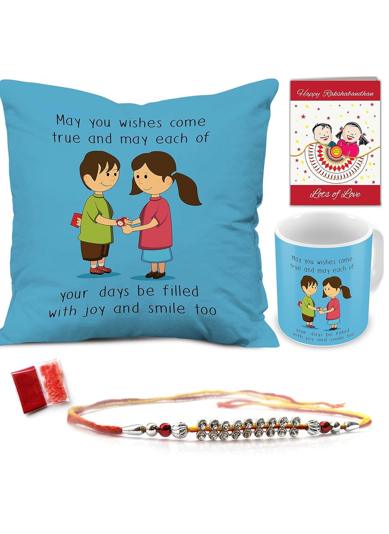 Indigifts Indigifts Blessing from Sis Quote Printed Gift Set of Cus 12"X12" with Filler Mug 330 Ml Rudraksha Rakhi Greeting Card-Raksha Bandhan Gift, Cushion-Mug Combo, Best Rakhi Gift for Brother  - Image 1