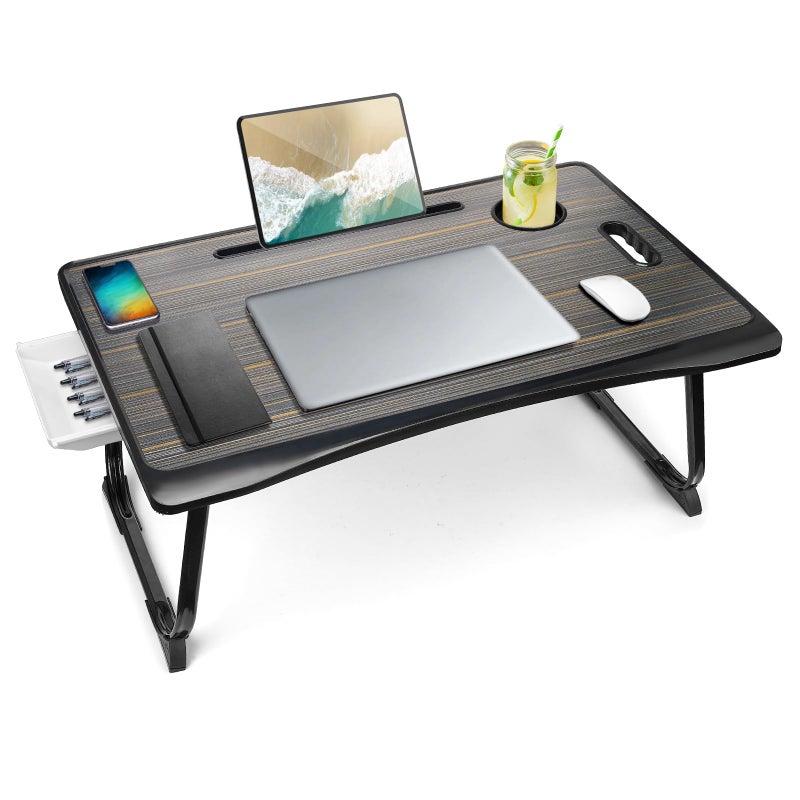 Amaredom Laptop Bed Desk Tray Bed Table Foldable Portable Lap Desk with Storage Drawer and Cup Holder for Eating Breakfast on BedCouchSofaBlack