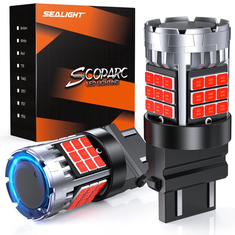 SEALIGHT LED Brake Light Bulbs, 3156 3157 LED Bulb Red, 600% Brighter 3056 3057 3457R 4057 4156 4157 Anti Hyper Flash Error Free Tail Stop Parking Lights, with Built-in Resistor, Brilliant Red, 2 Pcs - Image 1