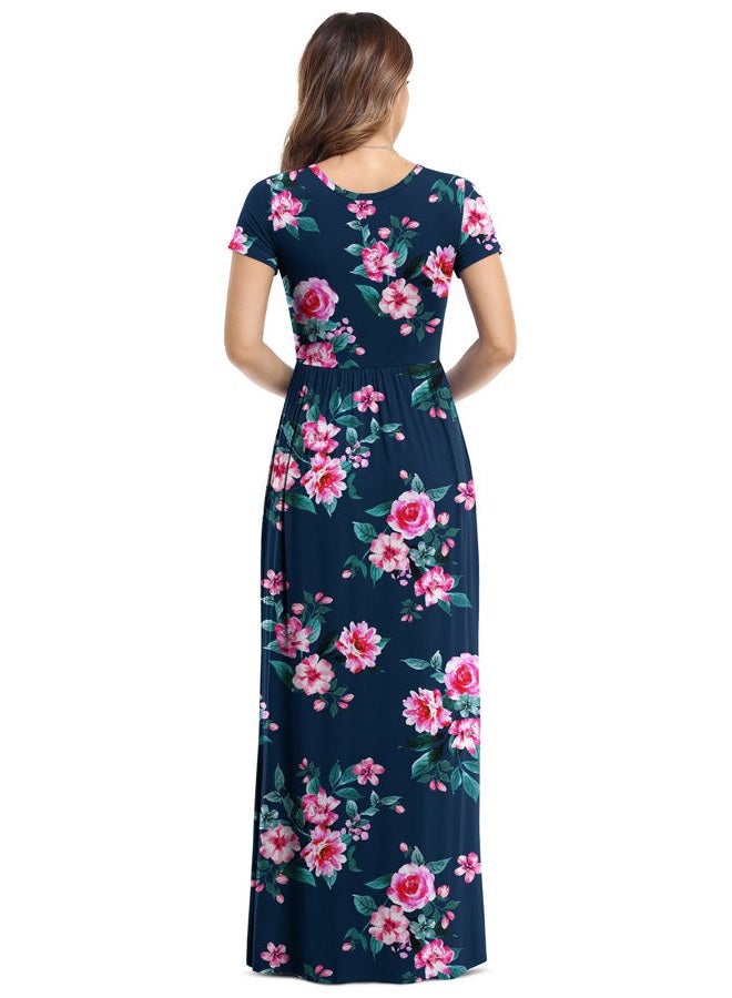 VIISHOW Women's Short Sleeve Floral Dress Loose Plain Maxi Dresses Casual Long Dresses with Pockets(Floral Navy Blue XL) - Image 3