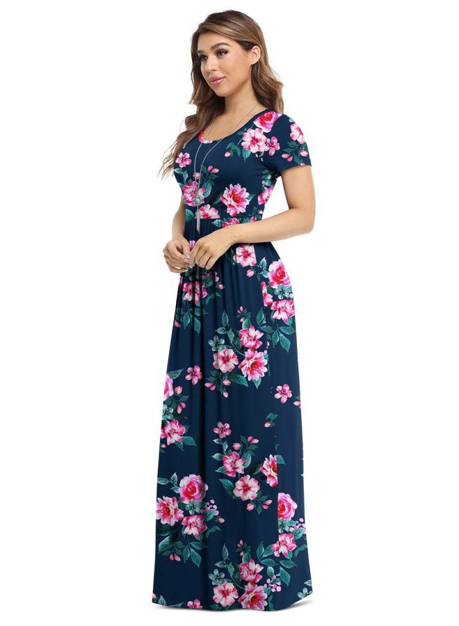 VIISHOW Women's Short Sleeve Floral Dress Loose Plain Maxi Dresses Casual Long Dresses with Pockets(Floral Navy Blue XL) - Image 2