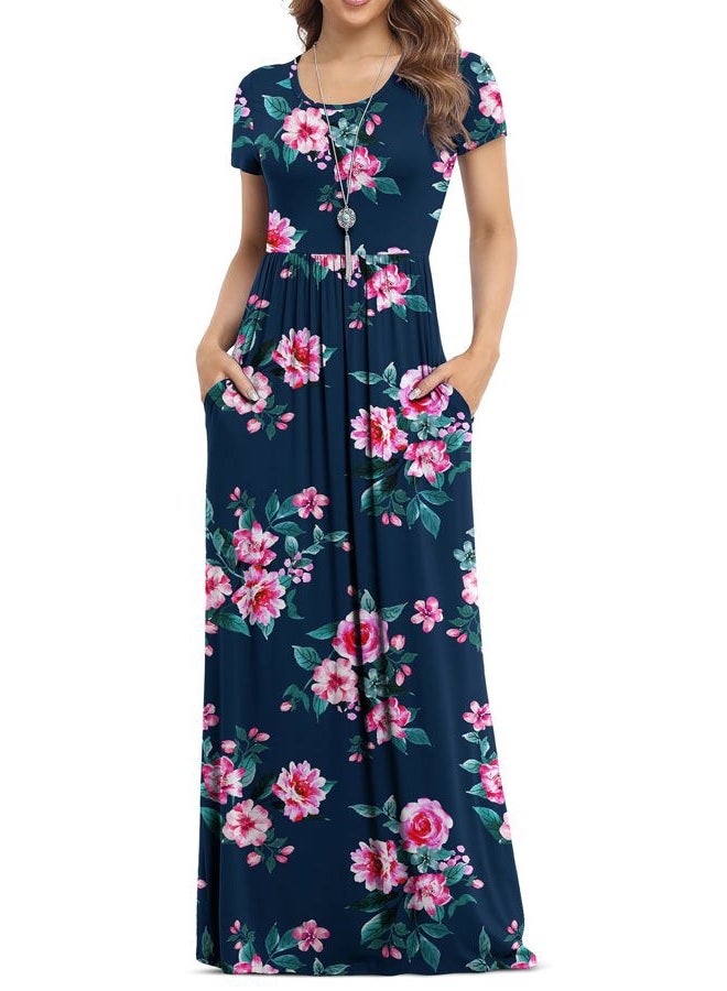 VIISHOW Women's Short Sleeve Floral Dress Loose Plain Maxi Dresses Casual Long Dresses with Pockets(Floral Navy Blue XL) - Image 1