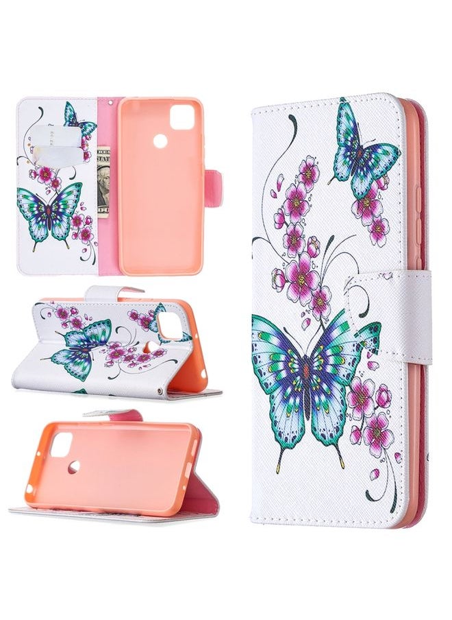 HuHa Case Cover For Xiaomi Redmi 9C Colored Drawing Pattern Horizontal Flip Leather Case with Holder & Card Slots & Wallet Peach Blossom and Butterfly 