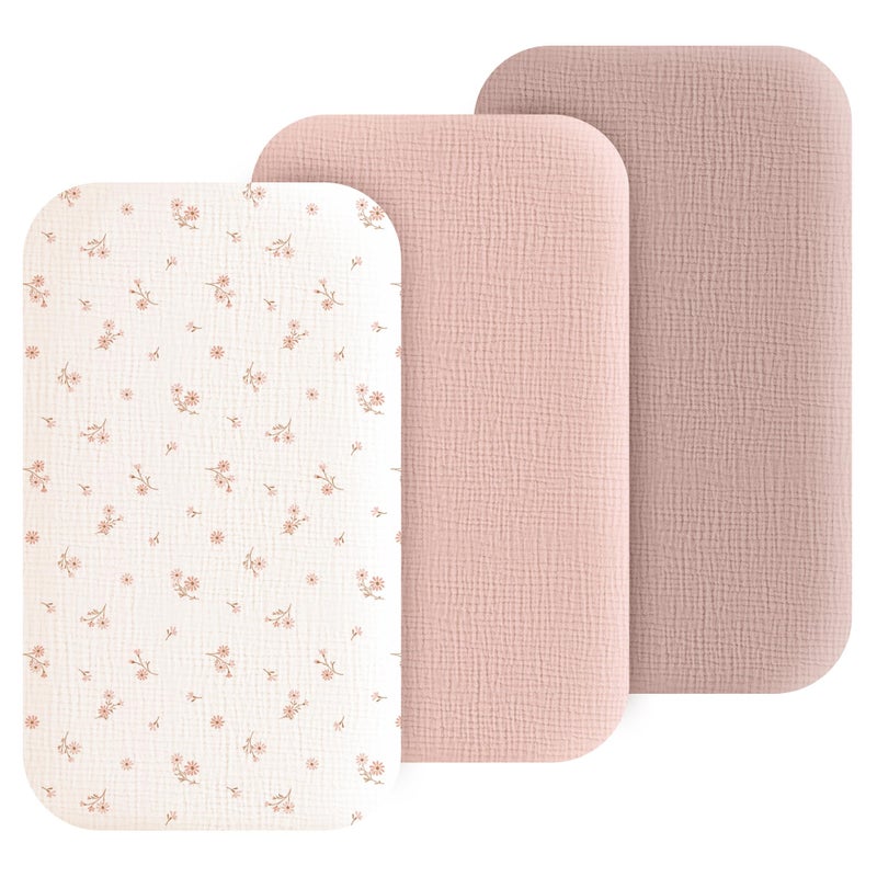 Coreeky Muslin Bedside Sleeper Bassinet Fitted Sheets, 3 Pack Cotton Baby Sheet for Boys & Girls, Soft, Compatible with Baby Delight, Dream On Me, AMKE and Other Rectangle Mattress (Daisy Petal) - Image 1