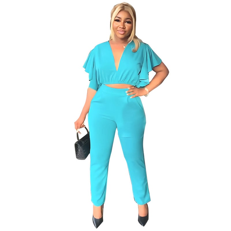 9759 Cross-border Europe and America Amazon Deep V Crop Top Slim Fit Straight Leg Pants Casual Two-piece Set Blue  - Image 1