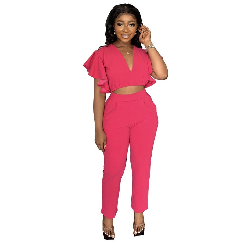 9759 Cross-border Europe and America Amazon Deep V Crop Top Slim Fit Straight Leg Pants Casual Two-piece Set Blue  - Image 2