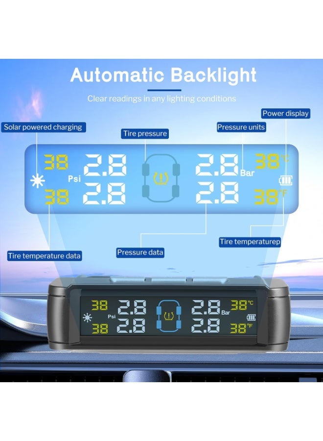 Arabest Tyre Pressure Monitoring System TPMS, Solar Wireless Tire Pressure Gauge with 4 External Sensors, USB/Solar Charging, 0-5 Bar 72 PSI Range, Universal Fit for Car SUV Van Trailer - Image 3
