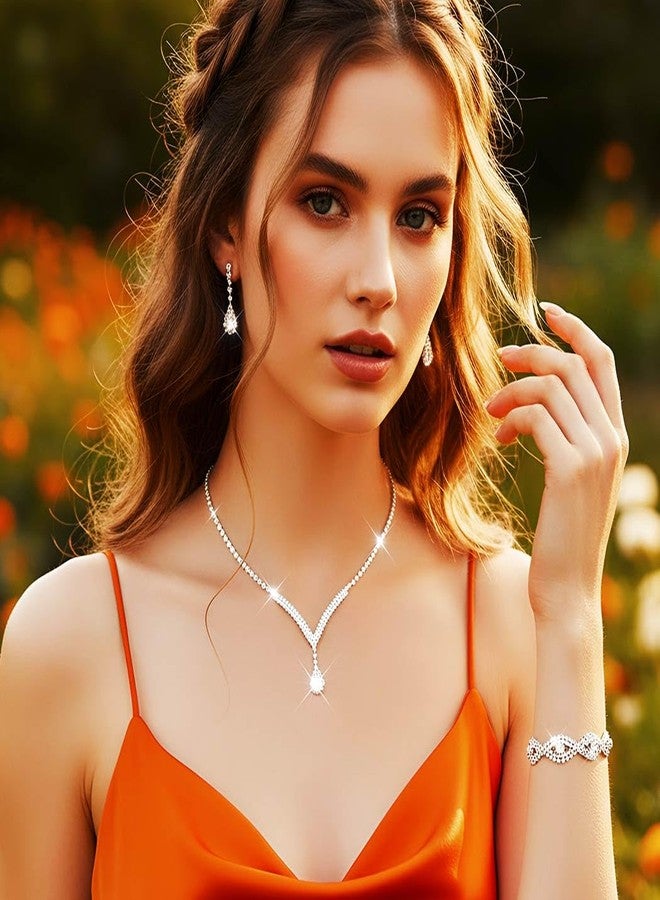 جورايس طقم مجوهرات زفاف من الفضة المرصعة بأحجار الراين من GORAIS، طقم قلائد رسمي للعرائس والنساء. - Image 3