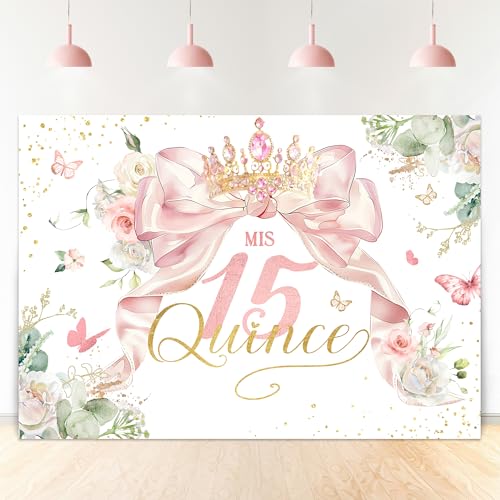 Ufeela Quinceanera Birthday Backdrop 7Wx5H Feet Fabric Polyester Girls Mis Quince 15th Birthday Backdrop Pink Bow Coquette Floral Spring Princess Photography Background Banner Photo Shoot Decor Prop - Image 1