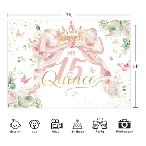 Ufeela Quinceanera Birthday Backdrop 7Wx5H Feet Fabric Polyester Girls Mis Quince 15th Birthday Backdrop Pink Bow Coquette Floral Spring Princess Photography Background Banner Photo Shoot Decor Prop - Image 3