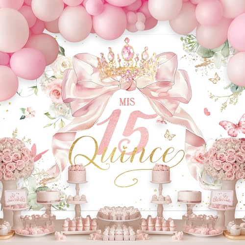 Ufeela Quinceanera Birthday Backdrop 7Wx5H Feet Fabric Polyester Girls Mis Quince 15th Birthday Backdrop Pink Bow Coquette Floral Spring Princess Photography Background Banner Photo Shoot Decor Prop - Image 2