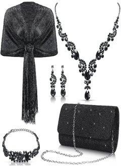 Tiamon Tiamon 5 Pcs Rhinestone Jewelry Sets Shawls and Wraps Formal Clutch Purses for Women Evening Dresses Bridal Weddings (Black, Glitter)  - Image 1