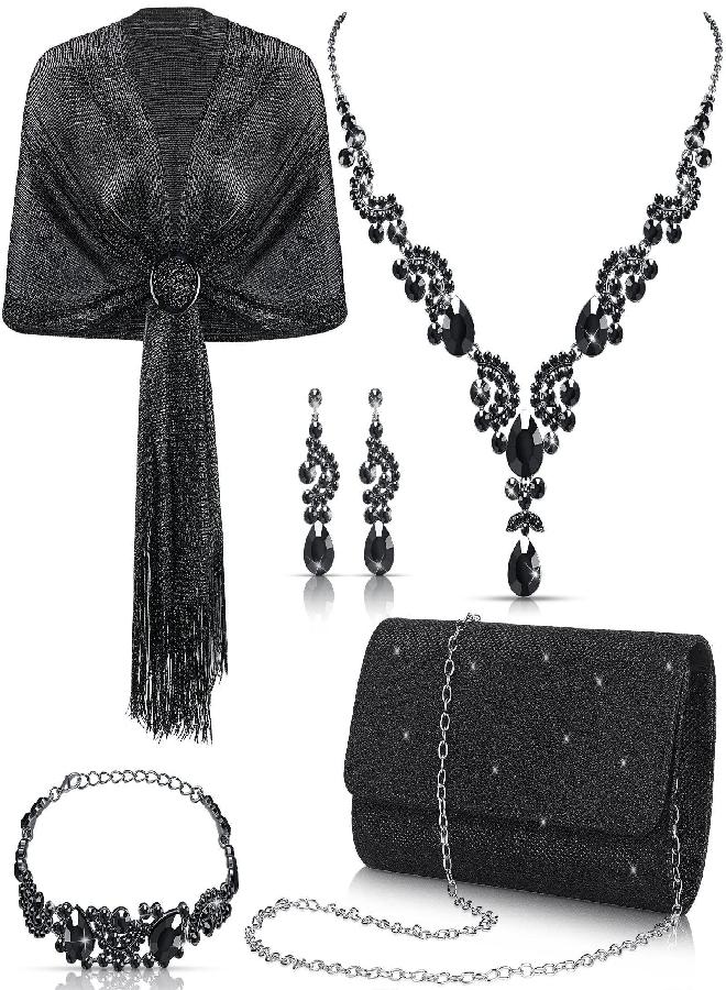 Tiamon Tiamon 5 Pcs Rhinestone Jewelry Sets Shawls and Wraps Formal Clutch Purses for Women Evening Dresses Bridal Weddings (Black, Glitter)  - Image 1