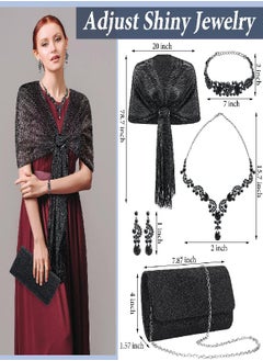 Tiamon Tiamon 5 Pcs Rhinestone Jewelry Sets Shawls and Wraps Formal Clutch Purses for Women Evening Dresses Bridal Weddings (Black, Glitter)  - Image 3