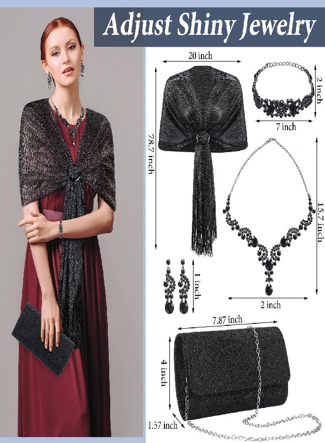 Tiamon Tiamon 5 Pcs Rhinestone Jewelry Sets Shawls and Wraps Formal Clutch Purses for Women Evening Dresses Bridal Weddings (Black, Glitter)  - Image 3
