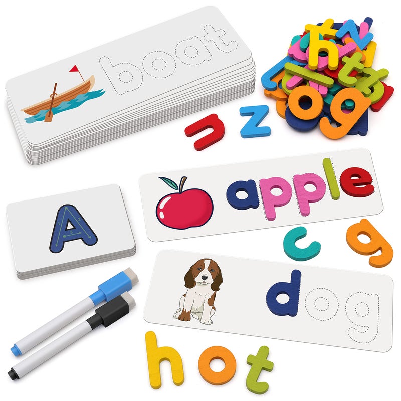 Coogam Reading & Spelling Learning Toy, Wooden Letters Flash Cards Sight Words Matching ABC Alphabet Recognition Game Preschool Educational Tool Set for 3 4 5 Years Old Boys and Girls Kids - Image 1