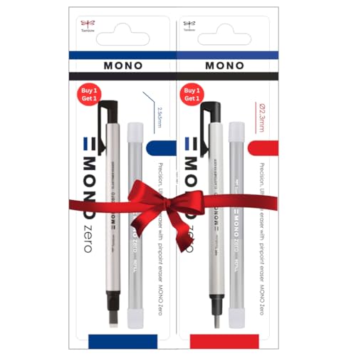 Tombow Limited Edition Pack Buy 1 and Get 1 Free Mono Zero Eraser Value Pack_ Round 2.3 mm and Flat 2.5 mm Silver| Precision Tip Eraser with Refills - Image 1